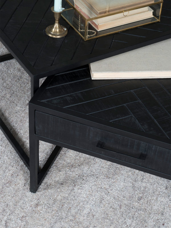 Salontafel Ruby Visgraat - Zwart Mangohout - Set van 2 - Afbeelding 4