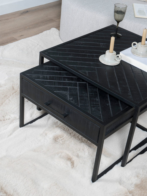 Salontafel Ruby Visgraat - Zwart Mangohout - Set van 2 - Afbeelding 5