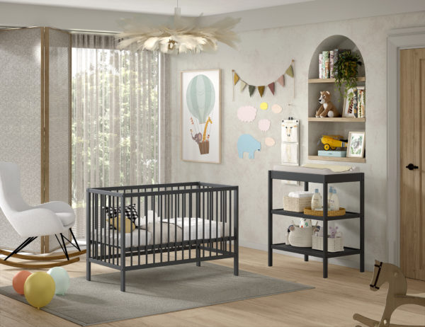 DINO babybed en verzorgingstafel in antraciet