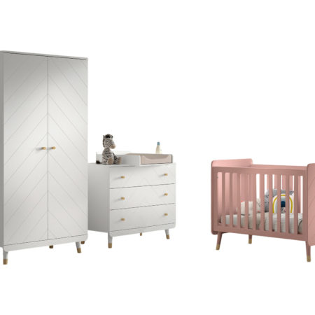 Billy set: witte commode, aankleedtafel, tweedeurskast en roze babybed