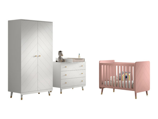 Billy set: witte commode, aankleedtafel, tweedeurskast en roze babybed