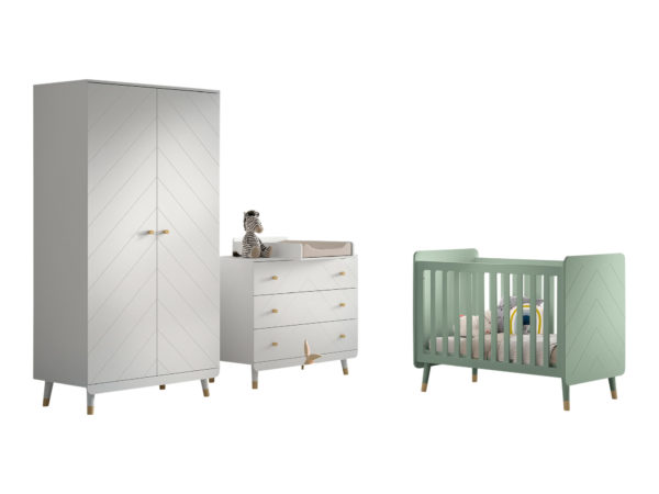 Billy set: witte commode, aankleedtafel, tweedeurskast en groen babybed