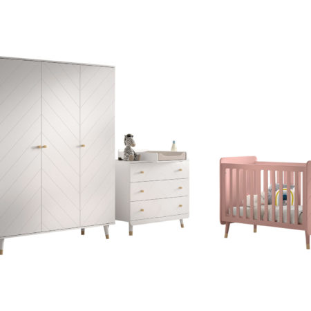 Billy set: witte commode, verschoonplank, driedeurskast en roze babybed
