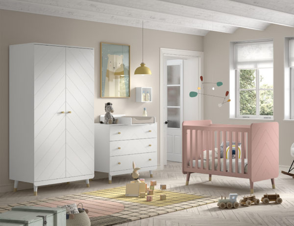 Billy set: witte commode, aankleedtafel, tweedeurskast en roze babybed - Afbeelding 2