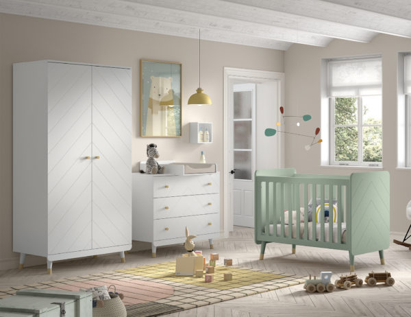 Billy set: witte commode, aankleedtafel, tweedeurskast en groen babybed - Afbeelding 2