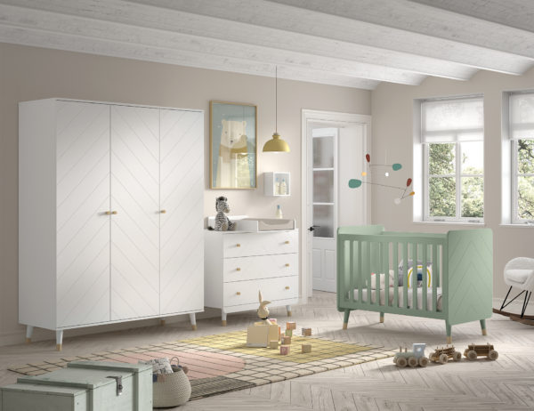 Billy set: witte ladekast, commode, driedeurskast en groen babybed - Afbeelding 2