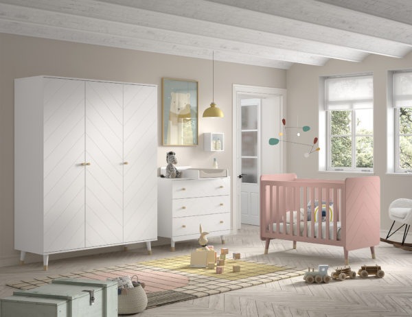 Billy set: witte commode, verschoonplank, driedeurskast en roze babybed - Afbeelding 2
