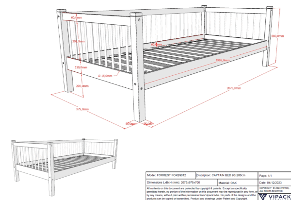FORREST eiken cabin bed 90 x 200 cm met rollaway bed. - Afbeelding 6