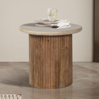 Bijzettafel 'Louis' 50 cm Mango hout met Travertin Beige