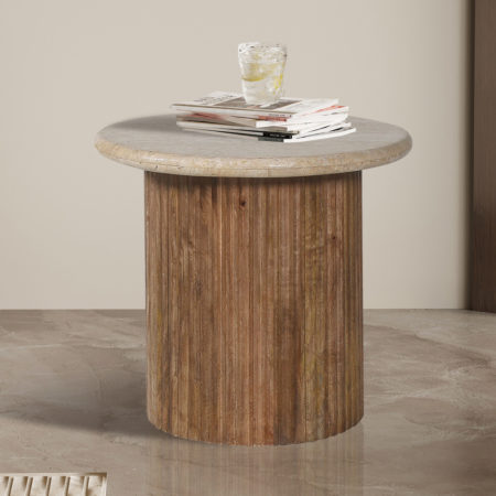 Bijzettafel 'Louis' 50 cm Mango hout met Travertin Beige