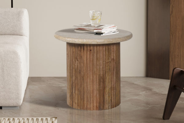 Bijzettafel 'Louis' 50 cm Mango hout met Travertin Beige