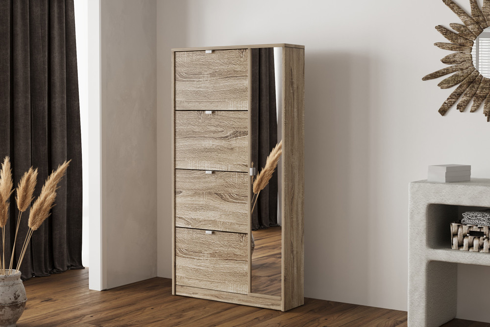 NIEUW - Schoenenkast 'Marcel' 4 lades en 1 spiegeldeur Decor Sonoma