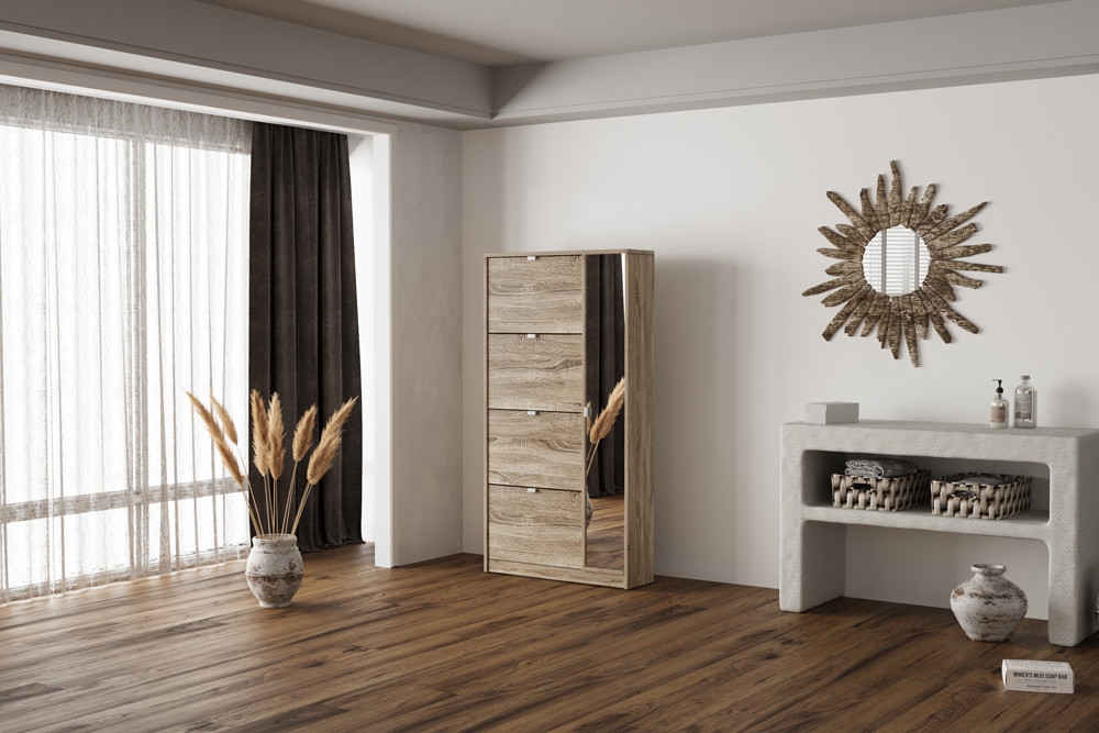 NIEUW - Schoenenkast 'Marcel' 4 lades en 1 spiegeldeur Decor Sonoma - Afbeelding 2