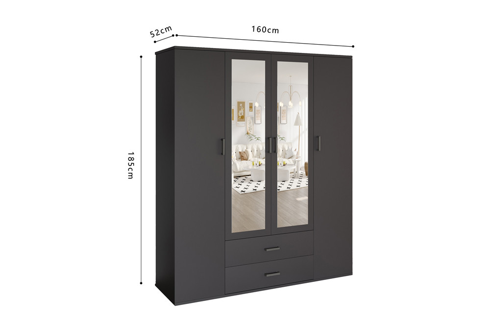 Kledingkast 'Marc' 4 deuren met 2 spiegels Donkergrijs - Afbeelding 8