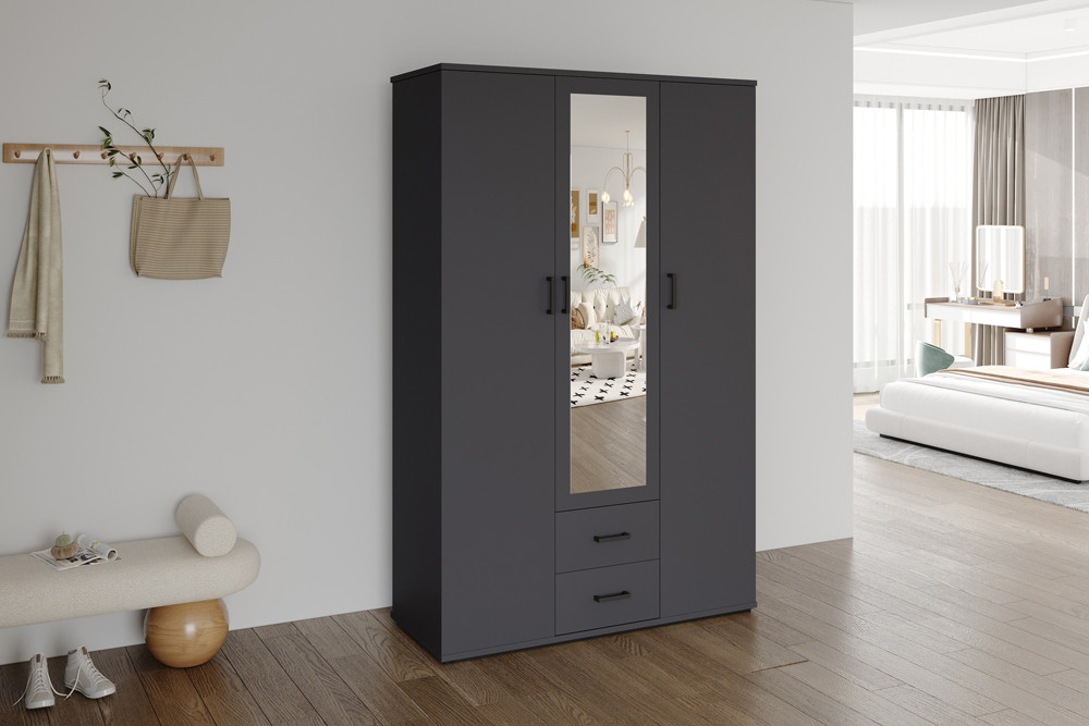 Kledingkast 'Marc' 3 deuren met spiegel donkergrijs
