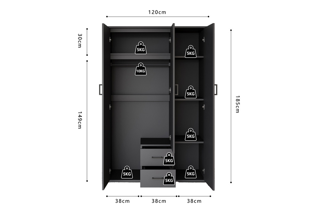 Kledingkast 'Marc' 3 deuren met spiegel donkergrijs - Afbeelding 9